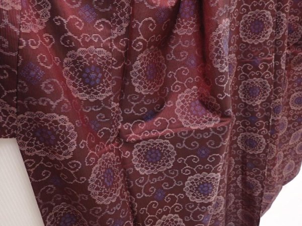 Photo3: 6416T13z630 Vintage Japanese Kimono Silk TSUMUGI Flower Purple-Brown (3)