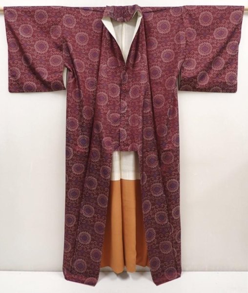 Photo8: 6416T13z630 Vintage Japanese Kimono Silk TSUMUGI Flower Purple-Brown (8)