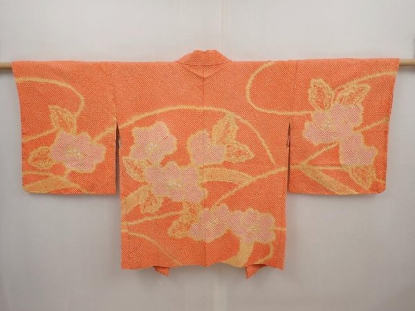 Photo1: 6417T01z420 Vintage Japanese Kimono Silk SHIBORI HAORI Flower Dark orange (1)