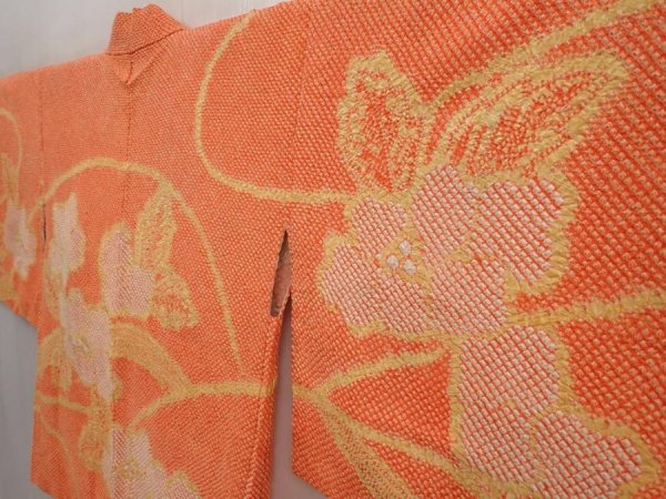 Photo2: 6417T01z420 Vintage Japanese Kimono Silk SHIBORI HAORI Flower Dark orange (2)