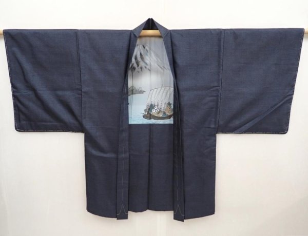 Photo4: 6417T02z480 Vintage Japanese Kimono Silk Men's OSHIMA HAORI Mt.Fuji (4)