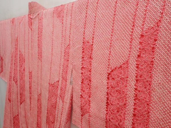 Photo2: 6417T09z550 Vintage Japanese Kimono Silk SHIBORI HAORI  Red-Pink (2)