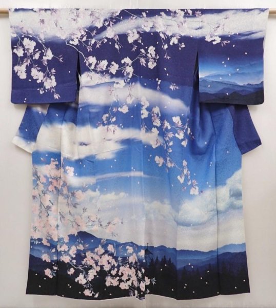 Photo1: 6417T14z810  Japanese Kimono Silk HOUMONGI Mt.Fuji Dull blue (1)