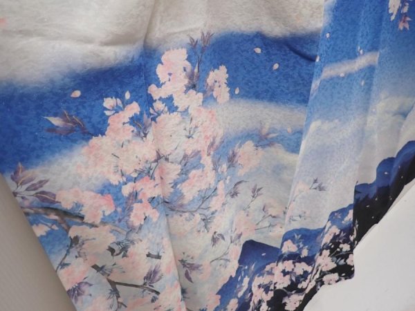 Photo3: 6417T14z810  Japanese Kimono Silk HOUMONGI Mt.Fuji Dull blue (3)