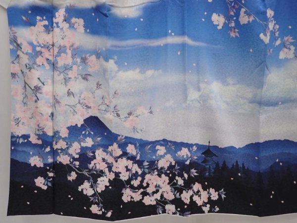 Photo5: 6417T14z810  Japanese Kimono Silk HOUMONGI Mt.Fuji Dull blue (5)