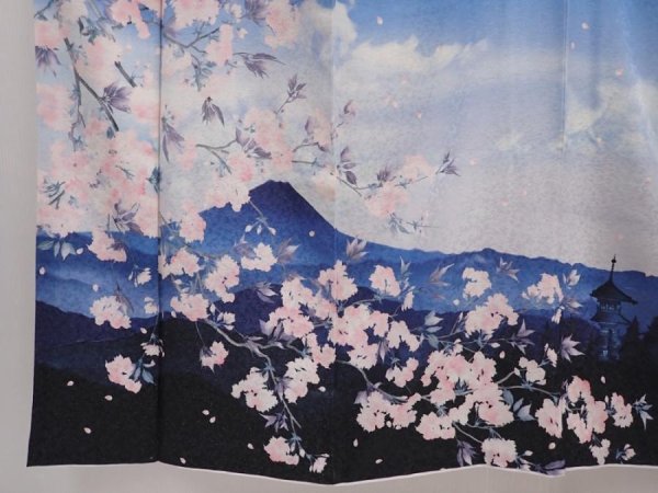 Photo6: 6417T14z810  Japanese Kimono Silk HOUMONGI Mt.Fuji Dull blue (6)