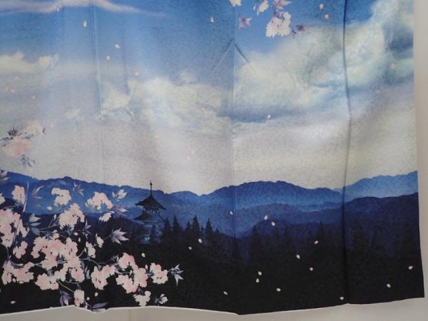 Photo7: 6417T14z810  Japanese Kimono Silk HOUMONGI Mt.Fuji Dull blue (7)