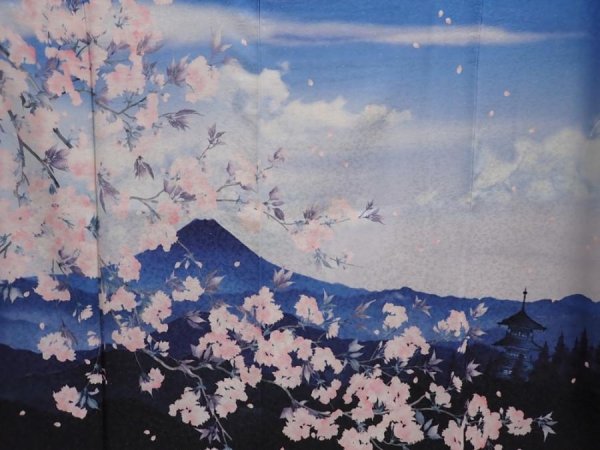 Photo8: 6417T14z810  Japanese Kimono Silk HOUMONGI Mt.Fuji Dull blue (8)