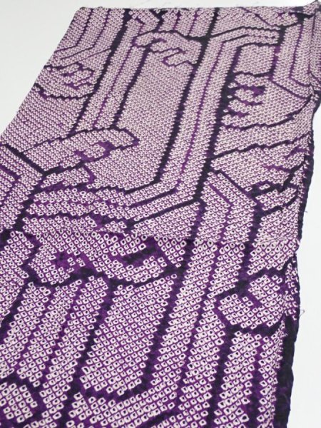 Photo3: 1B02z50  Japanese Kimono Silk SHIBORI FABRIC Wave Dark purple 41.7x14.6 (3)