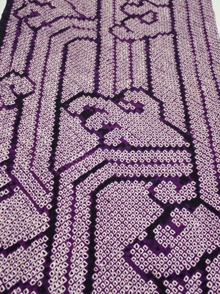 Photo1: 1B05z80  Japanese Kimono Silk SHIBORI FABRIC Wave Dark purple 61.4x14.4 (1)