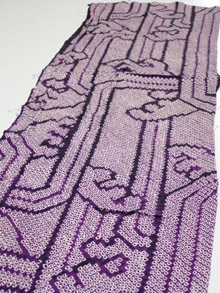 Photo3: 1B05z80  Japanese Kimono Silk SHIBORI FABRIC Wave Dark purple 61.4x14.4 (3)