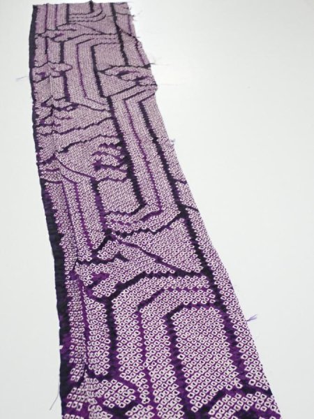 Photo3: 1B07z40  Japanese Kimono Silk SHIBORI FABRIC Wave Dark purple 55.9x7.7 (3)