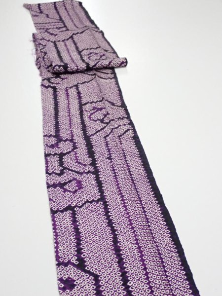 Photo2: 1B09z40  Japanese Kimono Silk SHIBORI FABRIC Wave Dark purple 75.2x6.7 (2)
