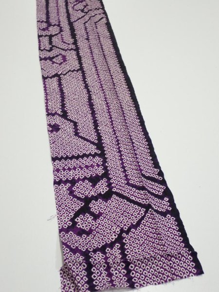 Photo3: 1B09z40  Japanese Kimono Silk SHIBORI FABRIC Wave Dark purple 75.2x6.7 (3)