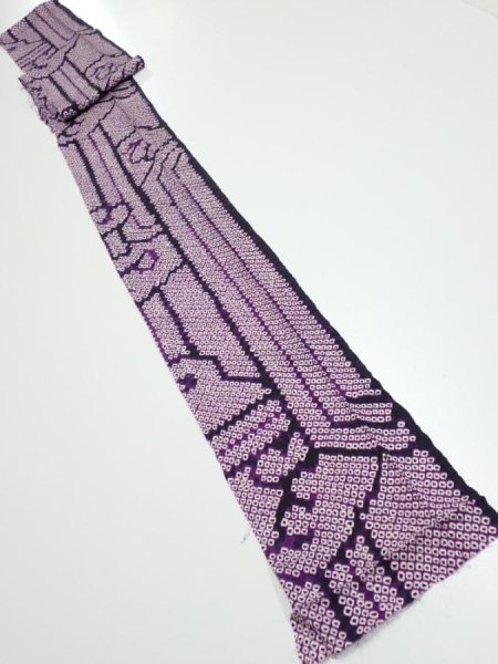 Photo5: 1B09z40  Japanese Kimono Silk SHIBORI FABRIC Wave Dark purple 75.2x6.7 (5)