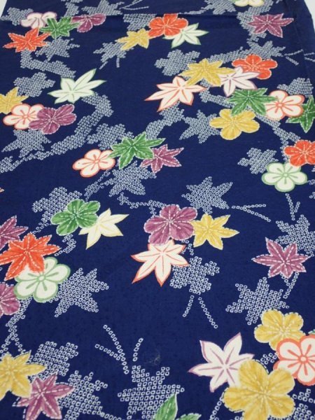 Photo1: 1B01z50  Japanese Kimono Silk  FABRIC Maple Navy 40.9x14.6 (1)