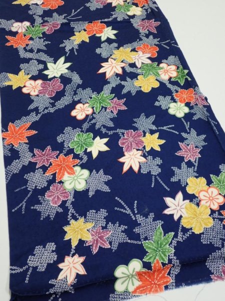 Photo2: 1B01z50  Japanese Kimono Silk  FABRIC Maple Navy 40.9x14.6 (2)