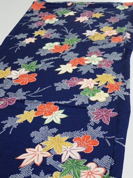 Photo3: 1B01z50  Japanese Kimono Silk  FABRIC Maple Navy 40.9x14.6 (3)