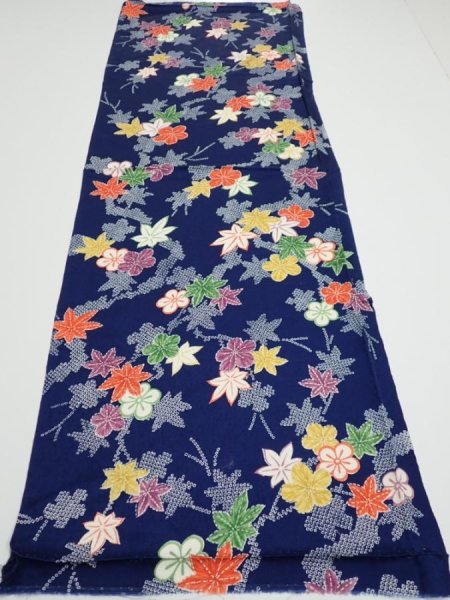 Photo5: 1B01z50  Japanese Kimono Silk  FABRIC Maple Navy 40.9x14.6 (5)