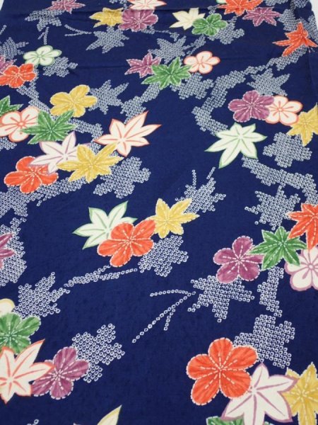 Photo1: 1B02z50  Japanese Kimono Silk  FABRIC Maple Navy 40.9x14.6 (1)