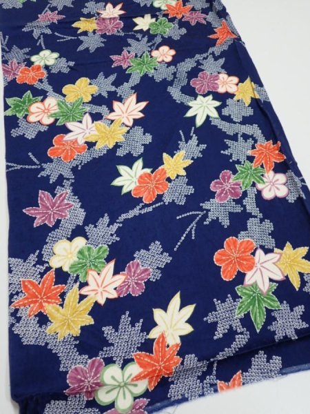 Photo3: 1B02z50  Japanese Kimono Silk  FABRIC Maple Navy 40.9x14.6 (3)