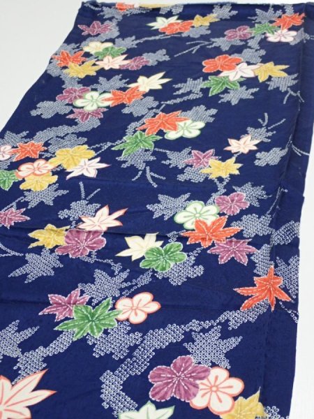 Photo4: 1B02z50  Japanese Kimono Silk  FABRIC Maple Navy 40.9x14.6 (4)