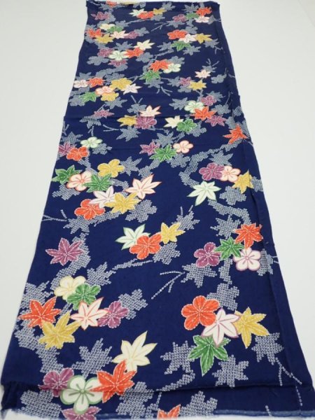 Photo5: 1B02z50  Japanese Kimono Silk  FABRIC Maple Navy 40.9x14.6 (5)