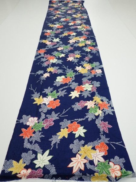 Photo5: 1B03z80  Japanese Kimono Silk  FABRIC Maple Navy 65.4x14.6 (5)