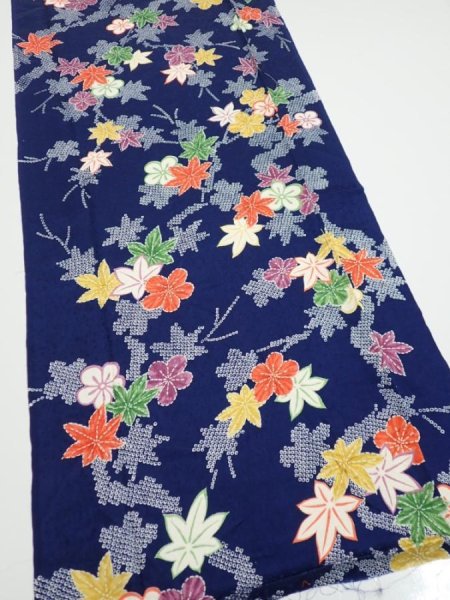Photo2: 1B05z80  Japanese Kimono Silk  FABRIC Maple Navy 63.0x14.6 (2)