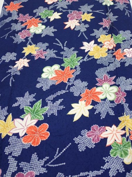 Photo1: 1B06z80  Japanese Kimono Silk  FABRIC Maple Navy 63.0x14.6 (1)