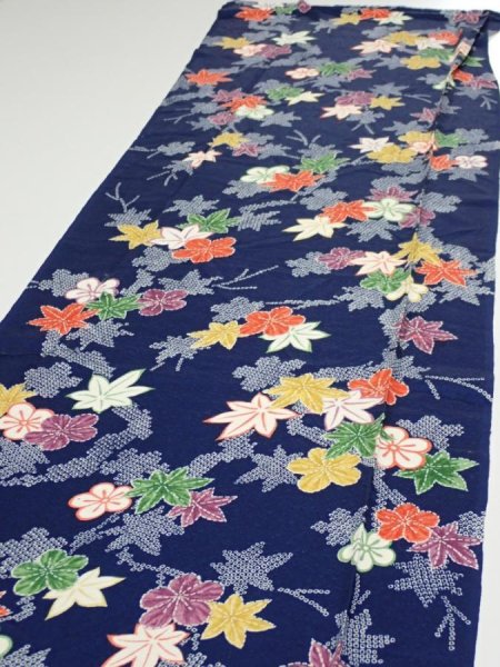 Photo3: 1B06z80  Japanese Kimono Silk  FABRIC Maple Navy 63.0x14.6 (3)