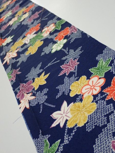 Photo1: 1B08z40  Japanese Kimono Silk  FABRIC Maple Navy 58.7x7.1 (1)