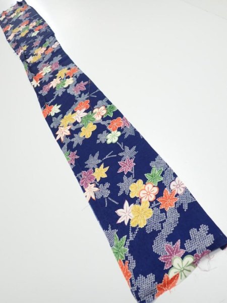 Photo4: 1B08z40  Japanese Kimono Silk  FABRIC Maple Navy 58.7x7.1 (4)