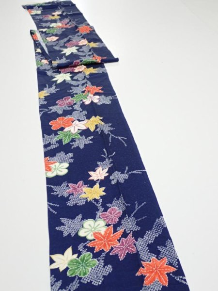 Photo2: 1B09z50  Japanese Kimono Silk  FABRIC Maple Navy 83.5x7.1 (2)