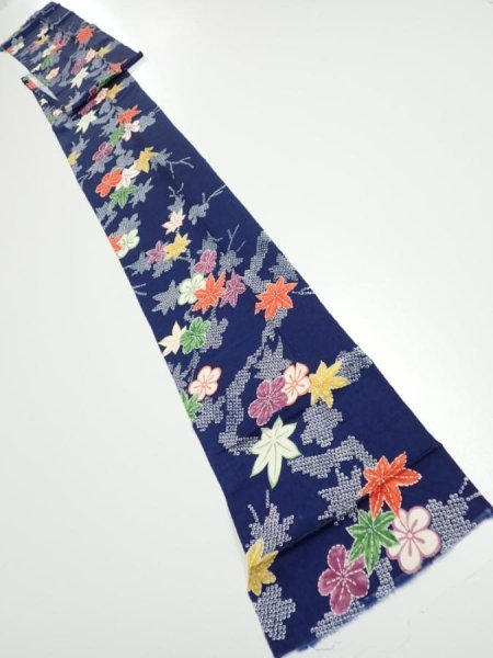 Photo4: 1B09z50  Japanese Kimono Silk  FABRIC Maple Navy 83.5x7.1 (4)