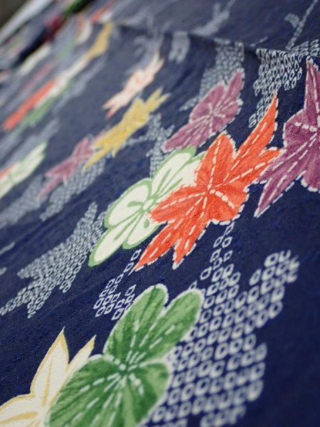 Photo5: 1B09z50  Japanese Kimono Silk  FABRIC Maple Navy 83.5x7.1 (5)