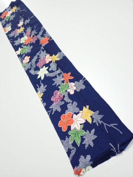 Photo1: 1B10z20  Japanese Kimono Silk  FABRIC Maple Navy 36.2x7.1 (1)