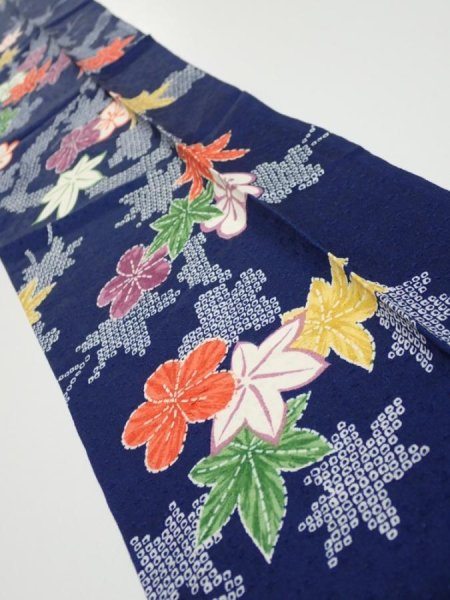 Photo2: 1B10z20  Japanese Kimono Silk  FABRIC Maple Navy 36.2x7.1 (2)