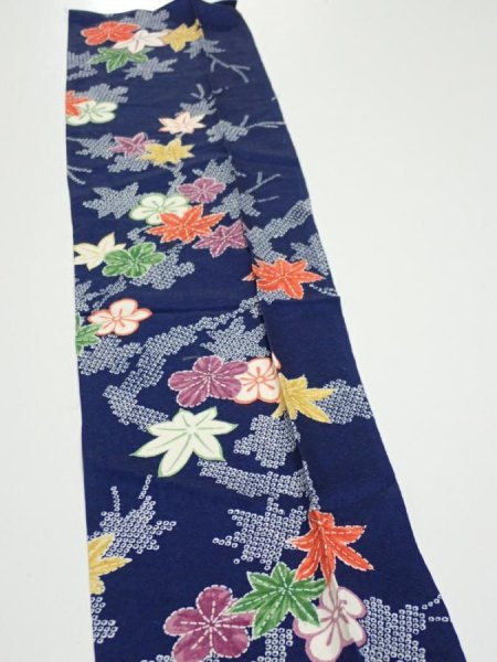 Photo5: 1B10z20  Japanese Kimono Silk  FABRIC Maple Navy 36.2x7.1 (5)