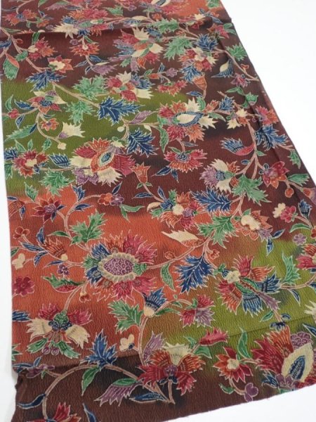 Photo2: 1B01z70  Japanese Kimono Crepe Silk  FABRIC Karahana Red-Brown 41.3x14.6 (2)