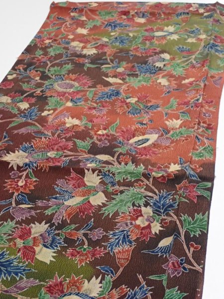 Photo3: 1B01z70  Japanese Kimono Crepe Silk  FABRIC Karahana Red-Brown 41.3x14.6 (3)