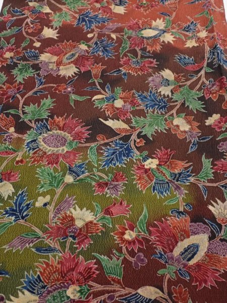Photo1: 1B02z70  Japanese Kimono Crepe Silk  FABRIC Karahana Red-Brown 41.3x14.4 (1)