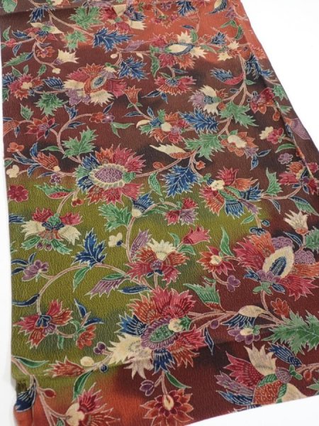 Photo2: 1B02z70  Japanese Kimono Crepe Silk  FABRIC Karahana Red-Brown 41.3x14.4 (2)