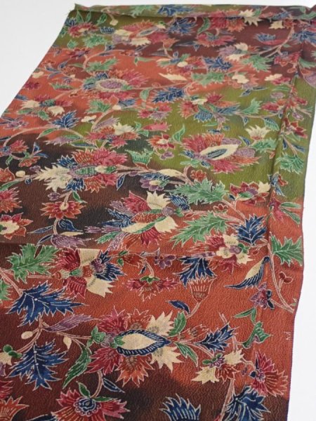 Photo3: 1B02z70  Japanese Kimono Crepe Silk  FABRIC Karahana Red-Brown 41.3x14.4 (3)
