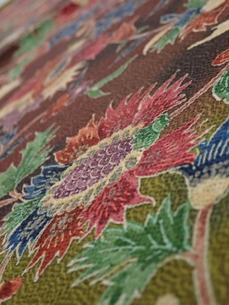 Photo4: 1B02z70  Japanese Kimono Crepe Silk  FABRIC Karahana Red-Brown 41.3x14.4 (4)