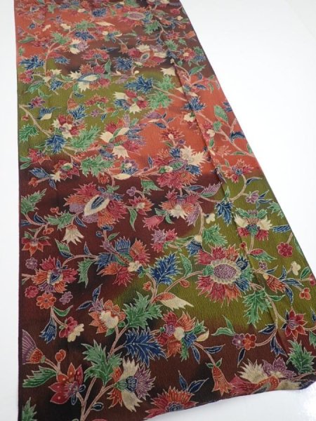 Photo2: 1B03z100  Japanese Kimono Crepe Silk  FABRIC Karahana Red-Brown 66.5x14.6 (2)