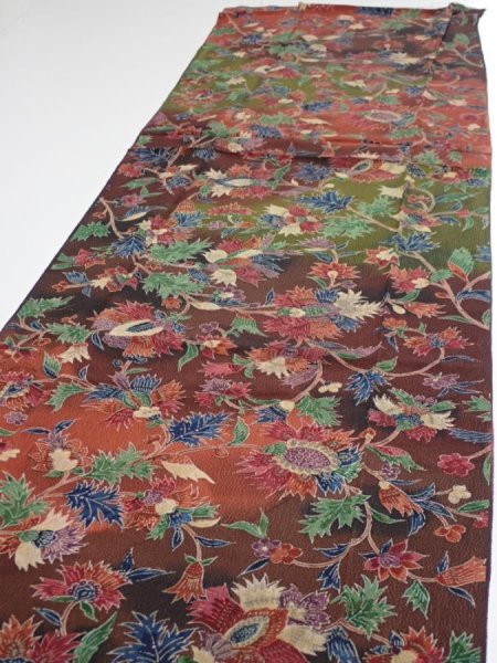 Photo3: 1B04z100  Japanese Kimono Crepe Silk  FABRIC Karahana Red-Brown 66.5x14.6 (3)