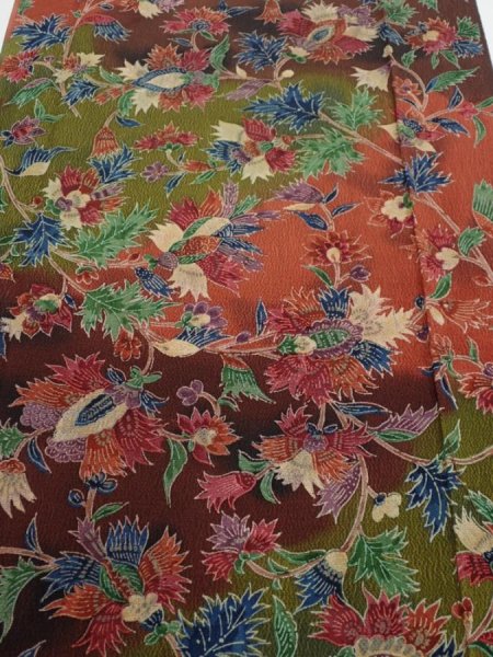 Photo1: 1B06z110  Japanese Kimono Crepe Silk  FABRIC Karahana Red-Brown 66.9x14.6 (1)