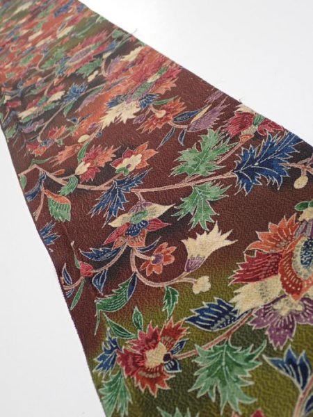 Photo1: 1B08z50  Japanese Kimono Crepe Silk  FABRIC Karahana Red-Brown 61.0x7.1 (1)