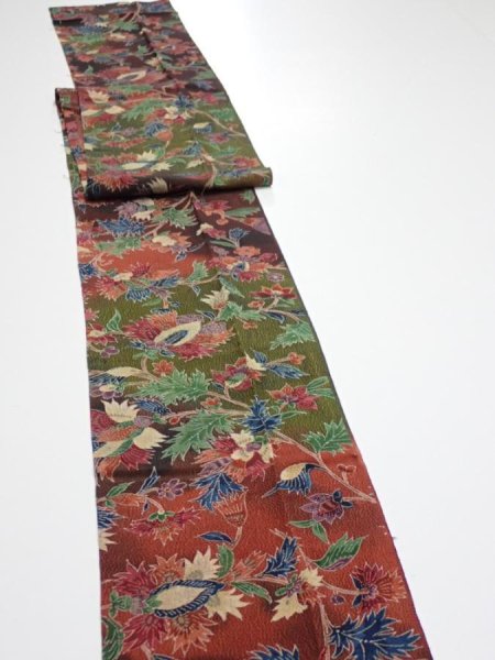 Photo2: 1B09z60  Japanese Kimono Crepe Silk  FABRIC Karahana Red-Brown 78.7x7.1 (2)